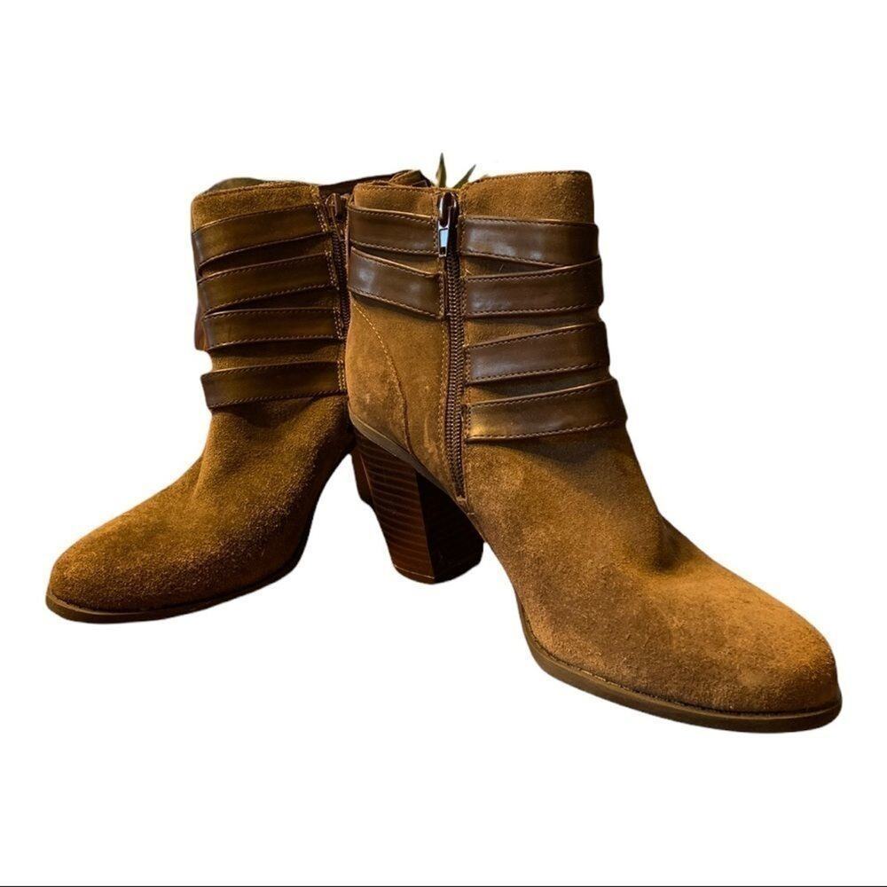 Genuine leather brown inc brand ankle boots w straps. Sz 8.5. In EUC!
